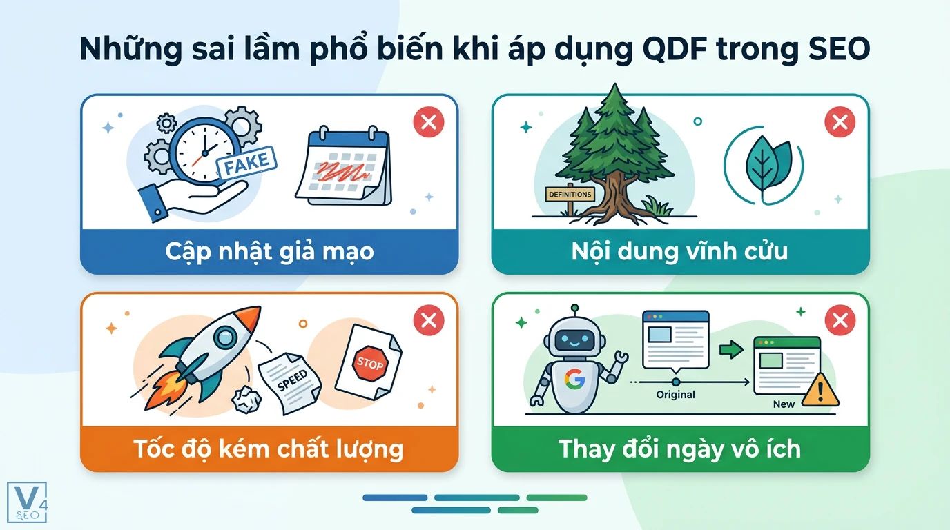 QDF (query deserves freshness) là gì? Quy trình tối ưu nội dung mới 3 Sai lầm khi áp dụng QDF trong SEO gồm cập nhật giả mạo, nội dung vĩnh cửu, tốc độ kém chất lượng và thay đổi ngày tháng vô ích