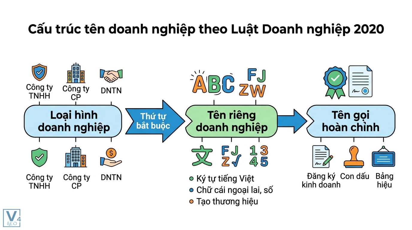 Quy định tên doanh nghiệp là gì? Đặt tên đúng luật và thương hiệu 1 Cấu trúc tên doanh nghiệp gồm loại hình TNHH, CP, DNTN và tên riêng có chữ cái ngoại lai tạo tên gọi hoàn chỉnh trên con dấu và bảng hiệu