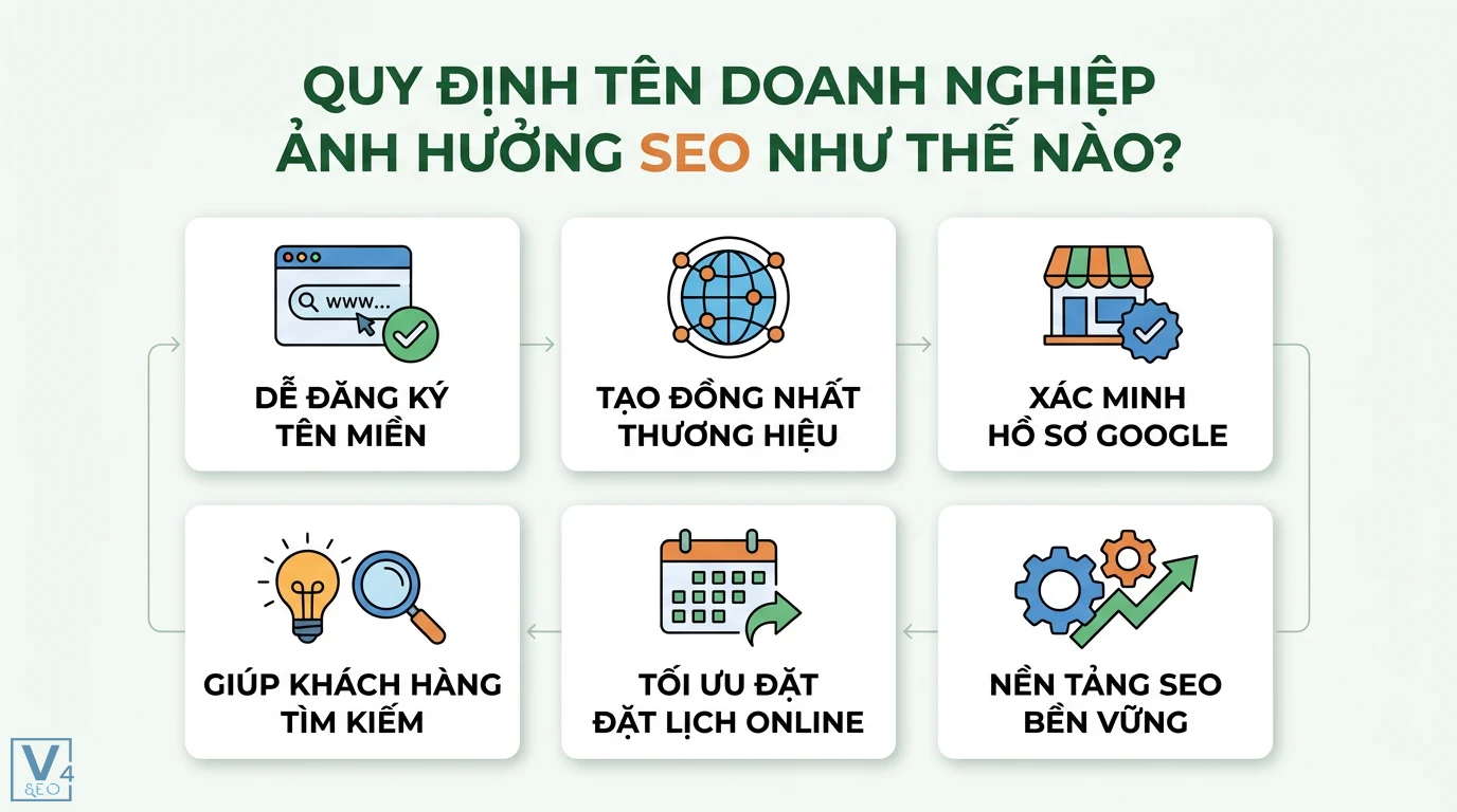 Quy định tên doanh nghiệp là gì? Đặt tên đúng luật và thương hiệu 2 Quy định tên doanh nghiệp ảnh hưởng SEO qua việc đồng nhất thương hiệu, xác minh hồ sơ Google và giúp khách hàng tìm kiếm, đặt lịch online