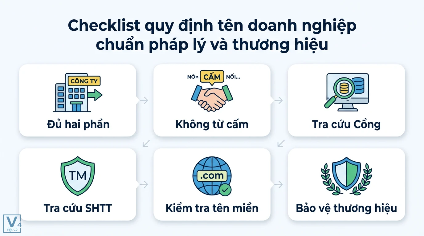 Quy định tên doanh nghiệp là gì? Đặt tên đúng luật và thương hiệu 3 Checklist quy định tên doanh nghiệp chuẩn pháp lý bao gồm kiểm tra cấu trúc tên, từ cấm, tra cứu cổng thông tin, sở hữu trí tuệ và tên miền website