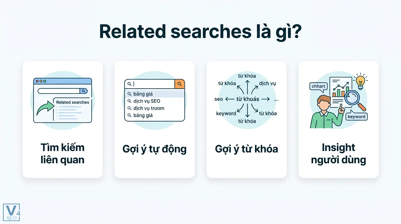 Related searches là gì? Cách tìm từ khóa long-tail và lỗ hổng SEO 3 Related searches cung cấp gợi ý tự động và tìm kiếm liên quan giúp khám phá insight người dùng để xây dựng bản đồ từ khóa và tối ưu hóa SEO