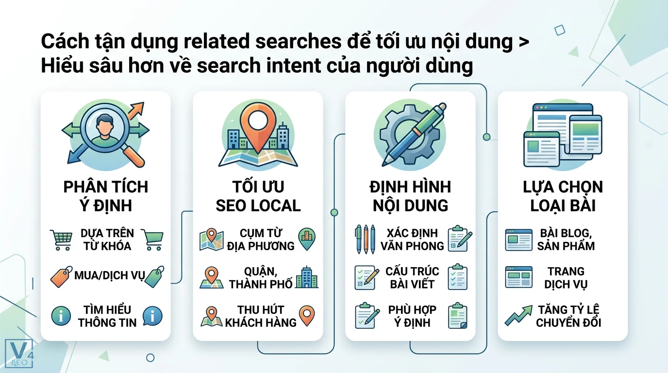 Related searches là gì? Cách tìm từ khóa long-tail và lỗ hổng SEO 1 Phân tích search intent qua related searches để tối ưu SEO Local, định hình cấu trúc và lựa chọn loại bài viết giúp tăng tỷ lệ chuyển đổi