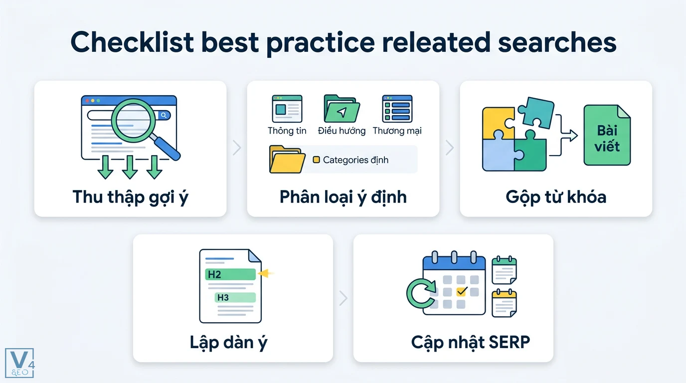 Related searches là gì? Cách tìm từ khóa long-tail và lỗ hổng SEO 2 Checklist best practice related searches gồm thu thập gợi ý, phân loại ý định, gộp từ khóa, lập dàn ý H2 H3 và cập nhật SERP định kỳ