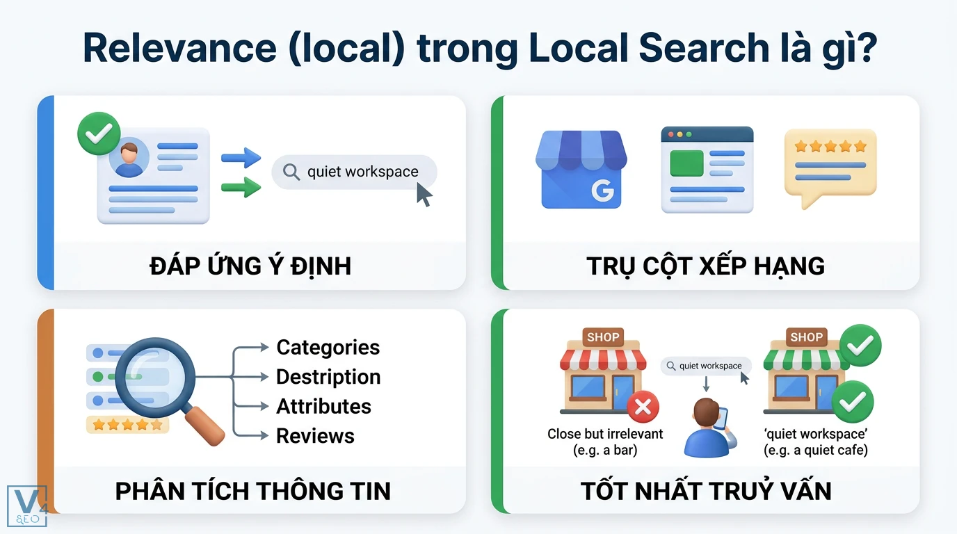 Relevance (local) là gì? Cách tối ưu tính liên quan cho Local SEO 1 Relevance trong Local Search đáp ứng ý định tìm kiếm qua phân tích Google Business Profile và đánh giá để xếp hạng tốt nhất cho truy vấn