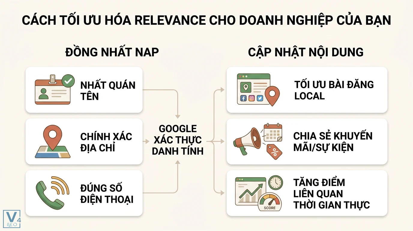 Relevance (local) là gì? Cách tối ưu tính liên quan cho Local SEO 2 Đồng nhất NAP và cập nhật nội dung local giúp Google xác thực danh tính doanh nghiệp nhằm gia tăng điểm liên quan theo thời gian thực