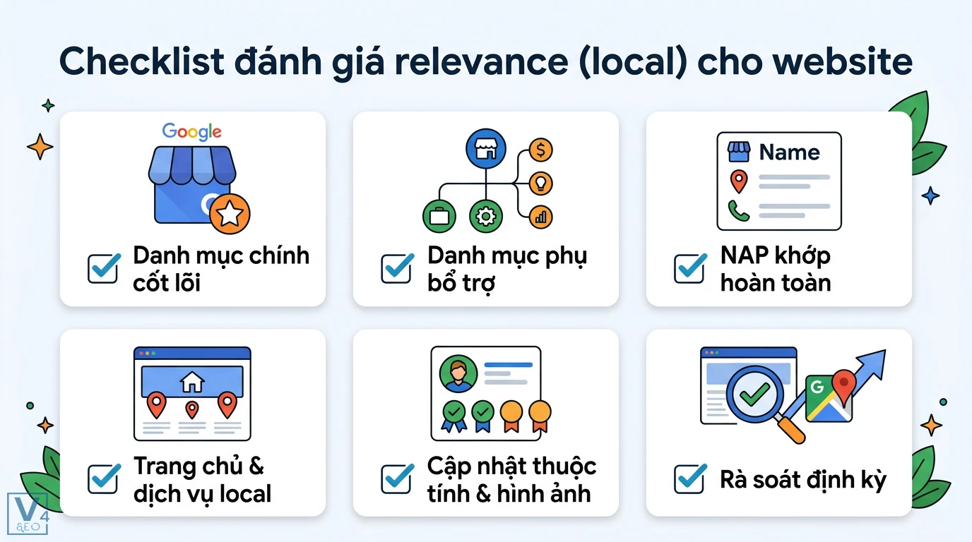 Relevance (local) là gì? Cách tối ưu tính liên quan cho Local SEO 3 Checklist đánh giá relevance local cho website gồm danh mục GBP, đồng nhất NAP, tối ưu trang dịch vụ và rà soát định kỳ