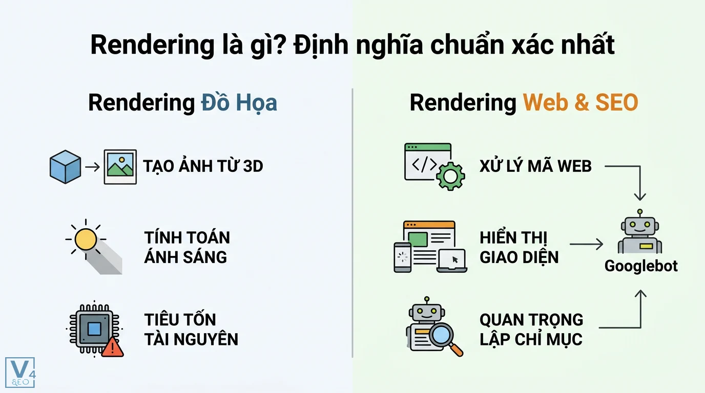 Rendering là gì? So sánh CPU vs GPU và xu hướng AI Render 2026 1 Rendering đồ họa kết xuất từ 3D và Rendering Web SEO xử lý mã hiển thị giao diện giúp Googlebot lập chỉ mục nội dung trang web hiệu quả