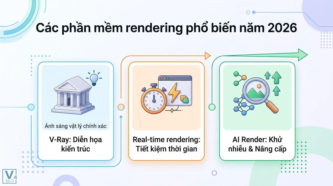 Rendering là gì? So sánh CPU vs GPU và xu hướng AI Render 2026 2 Phần mềm rendering 2026 gồm V-Ray diễn họa kiến trúc, Real-time rendering tiết kiệm thời gian và AI Render hỗ trợ khử nhiễu nâng cấp đồ họa