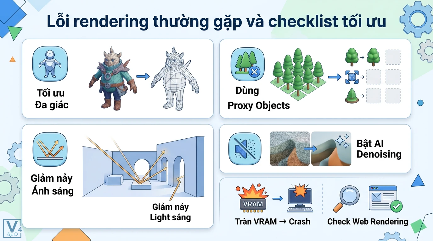 Rendering là gì? So sánh CPU vs GPU và xu hướng AI Render 2026 3 Checklist tối ưu lỗi rendering bằng cách tối ưu đa giác, dùng proxy objects, giảm nảy ánh sáng, bật AI denoising và kiểm tra web rendering