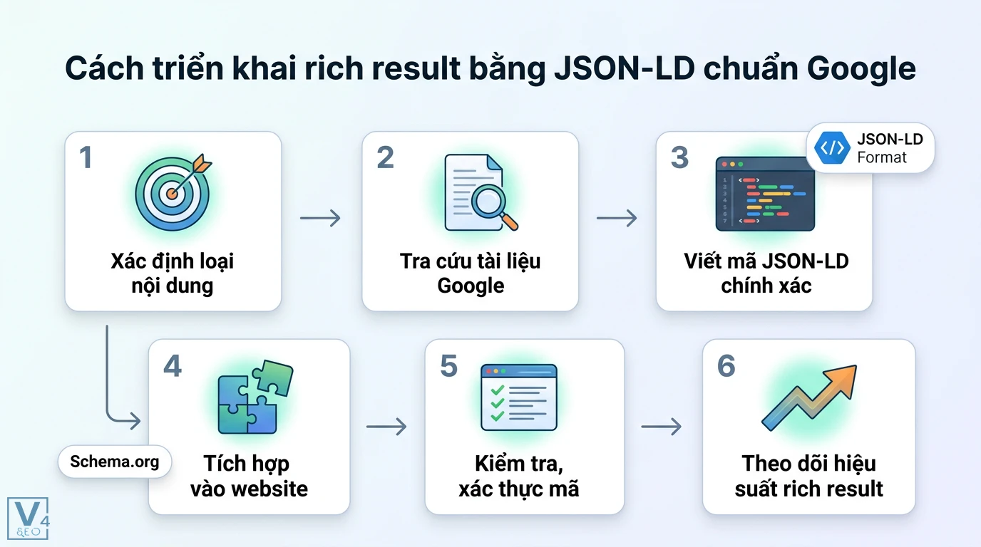 Rich result là gì? Cách triển khai Schema và JSON-LD chuẩn Google 2 Quy trình triển khai rich result bằng JSON-LD gồm xác định nội dung, viết mã, tích hợp website, xác thực dữ liệu và theo dõi hiệu suất