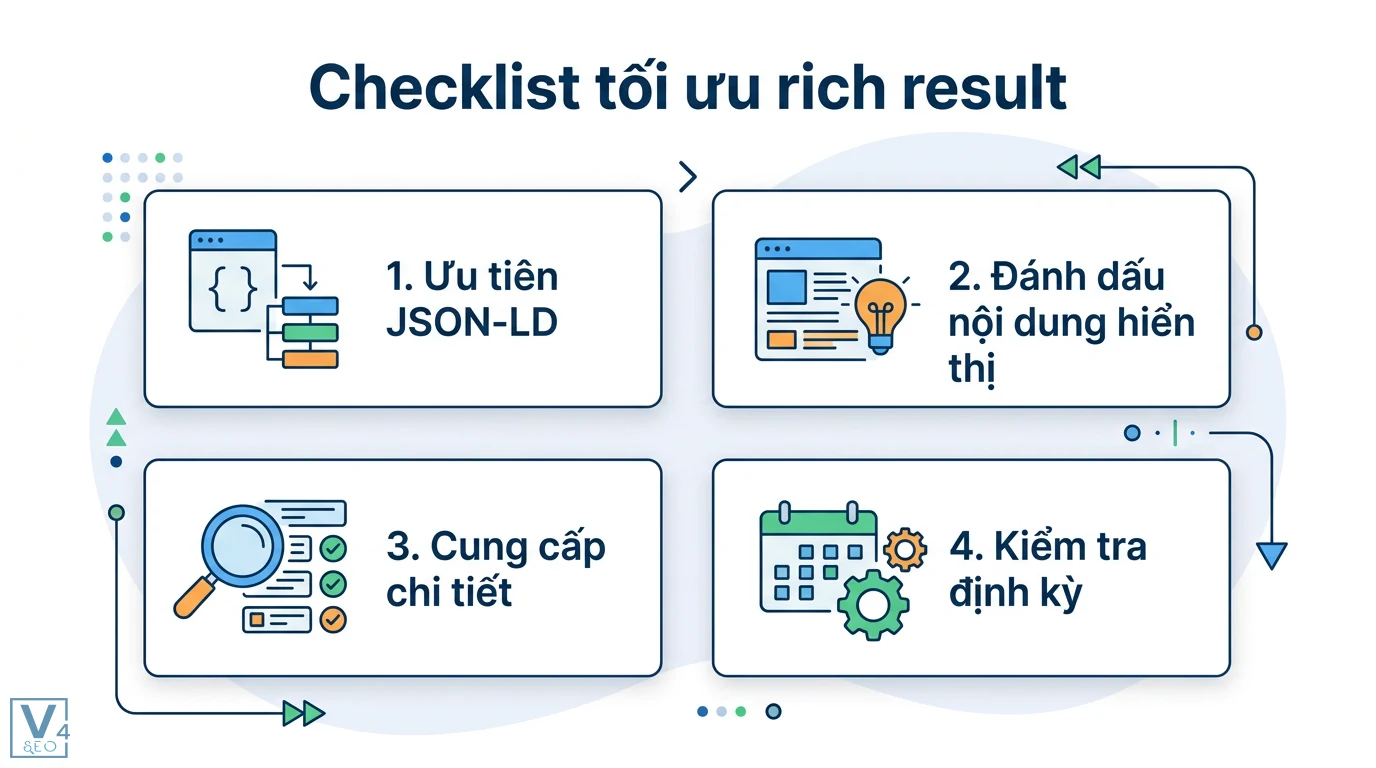 Rich result là gì? Cách triển khai Schema và JSON-LD chuẩn Google 3 Checklist tối ưu rich result gồm ưu tiên JSON-LD, đánh dấu nội dung hiển thị, cung cấp thông tin chi tiết và kiểm tra dữ liệu định kỳ