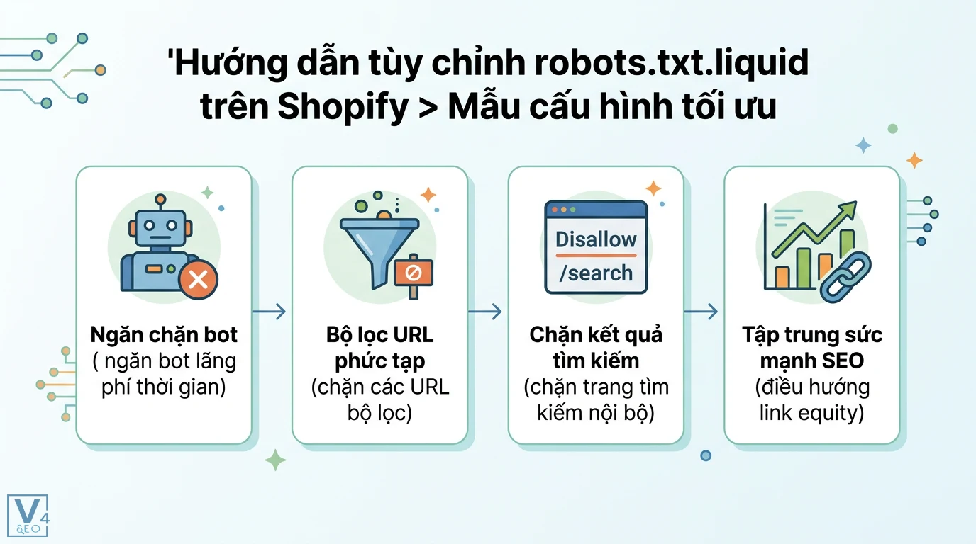 Robots.txt.liquid là gì? Cách tối ưu file robots cho Shopify 2 Tối ưu robots.txt.liquid Shopify để chặn bot, loại bỏ URL bộ lọc và trang tìm kiếm nội bộ nhằm tập trung sức mạnh SEO và link equity