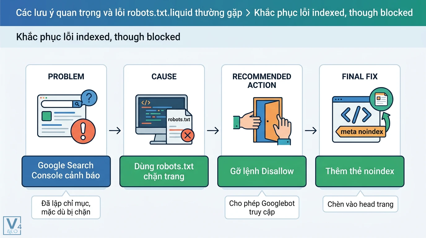 Robots.txt.liquid là gì? Cách tối ưu file robots cho Shopify 3 Khắc phục lỗi indexed though blocked bằng cách gỡ lệnh Disallow trong robots.txt và thêm thẻ meta noindex vào head để Googlebot gỡ bỏ URL