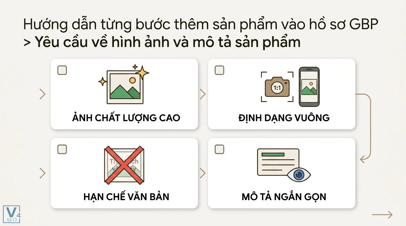 Sản phẩm trên GBP là gì? Cách tối ưu danh mục để tăng chuyển đổi 2 Tiêu chuẩn sản phẩm Google Business Profile yêu cầu chất lượng cao, định dạng vuông, hạn chế văn bản và nội dung mô tả ngắn gọn súc tích