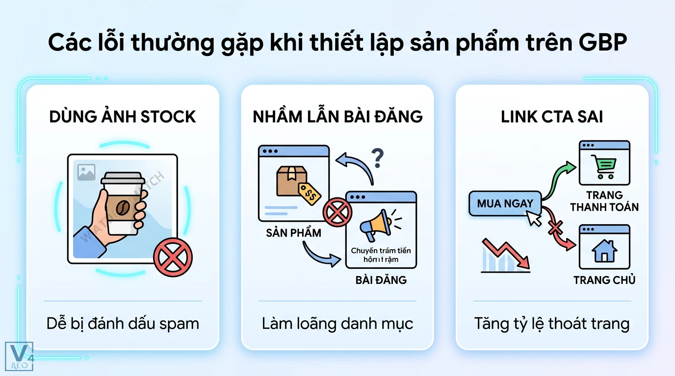 Sản phẩm trên GBP là gì? Cách tối ưu danh mục để tăng chuyển đổi 3 Lỗi thiết lập sản phẩm GBP như dùng ảnh stock gây spam, nhầm lẫn với bài đăng và gắn sai link CTA mua hàng dẫn đến tăng tỷ lệ thoát trang