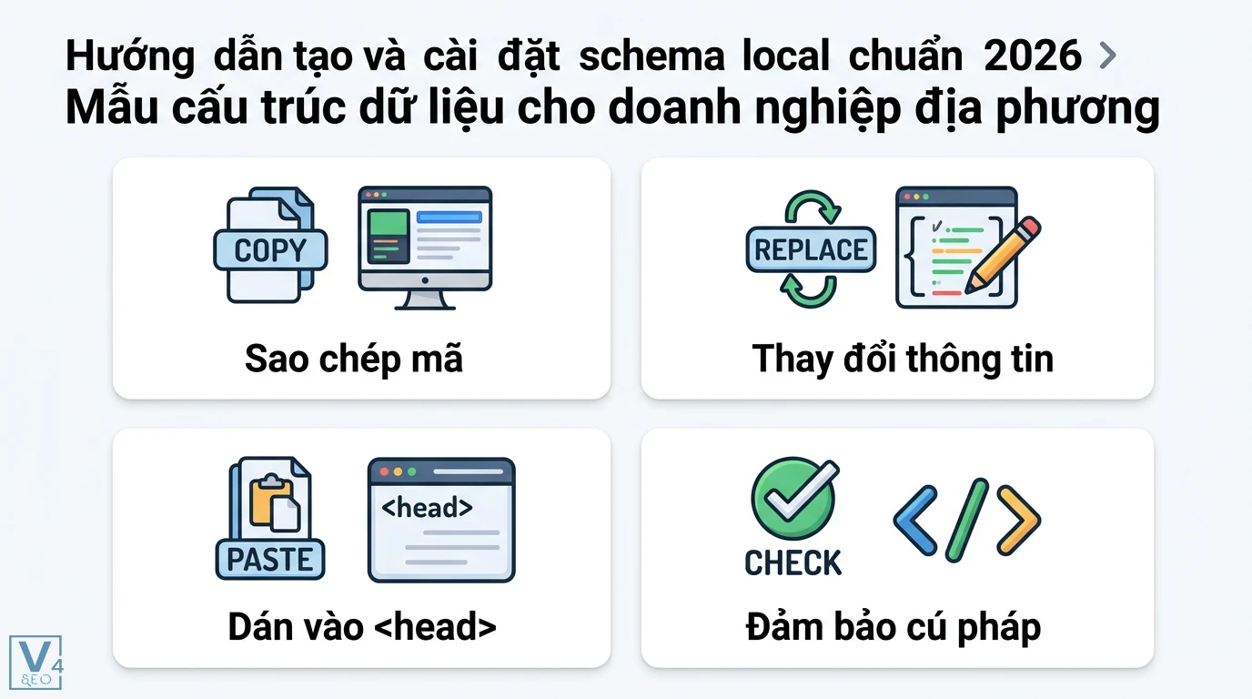 Schema local là gì? Cách tạo JSON-LD Local Business chuẩn 2026 2 Quy trình tạo schema local cho doanh nghiệp địa phương gồm sao chép mã JSON-LD, thay đổi thông tin, dán vào thẻ head và kiểm tra lỗi cú pháp