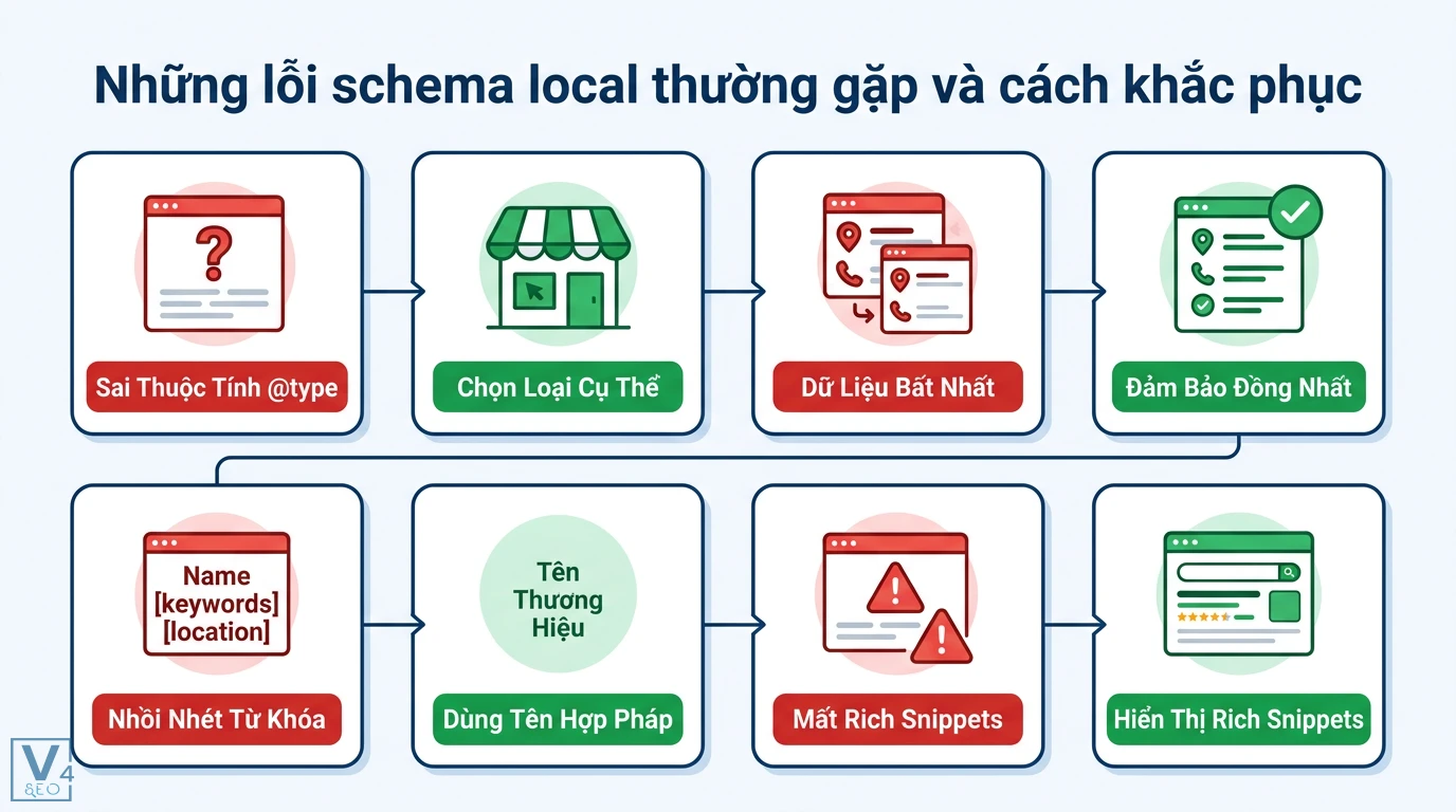 Schema local là gì? Cách tạo JSON-LD Local Business chuẩn 2026 3 Khắc phục lỗi schema local thường gặp về thuộc tính type dữ liệu bất nhất và nhồi nhét từ khóa để duy trì hiển thị Rich Snippets hiệu quả