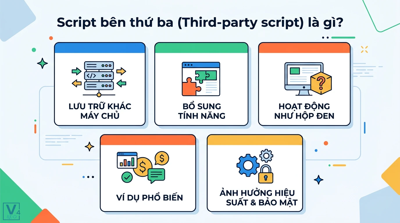 Script bên thứ ba là gì? Cách tối ưu hiệu suất và bảo mật web 1 Script bên thứ ba lưu trữ trên máy chủ khác giúp bổ sung tính năng, hoạt động như hộp đen và ảnh hưởng đến hiệu suất cùng bảo mật của website