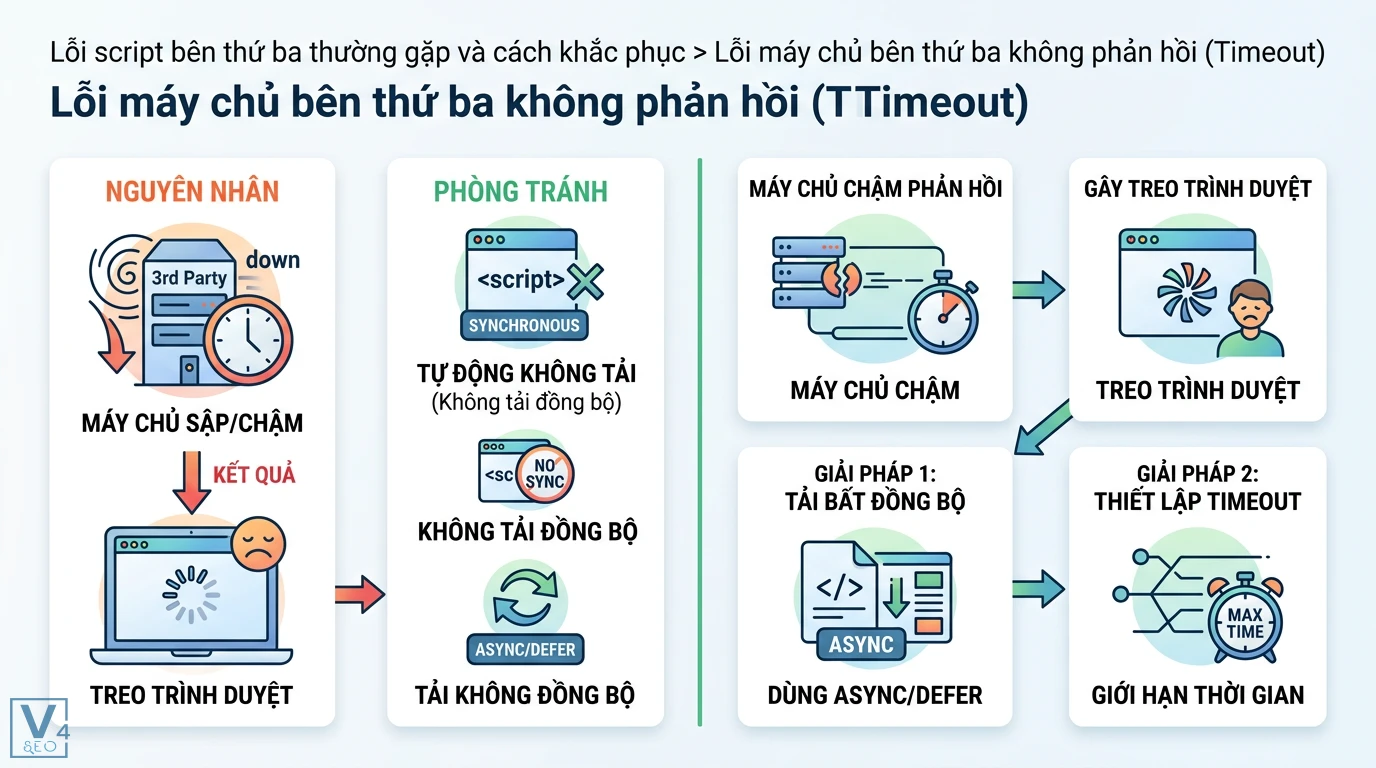 Script bên thứ ba là gì? Cách tối ưu hiệu suất và bảo mật web 3 Lỗi máy chủ bên thứ ba gây treo trình duyệt do script đồng bộ và giải pháp khắc phục bằng tải bất đồng bộ async defer cùng thiết lập timeout