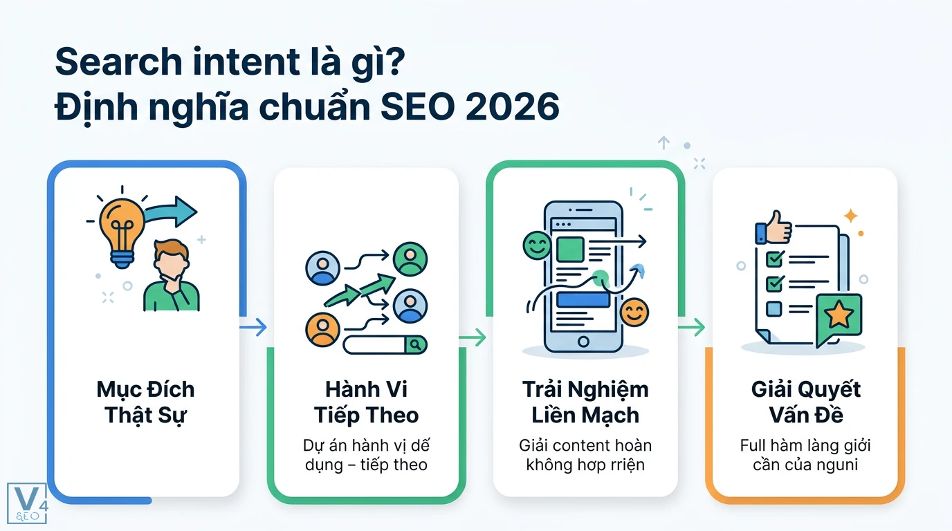 Search intent là gì? Cách tối ưu ý định tìm kiếm chuẩn AI 2026 1 Search intent chuẩn SEO 2026 gồm mục đích thực sự, dự đoán hành vi, trải nghiệm liền mạch và giải quyết triệt để mọi vấn đề người dùng