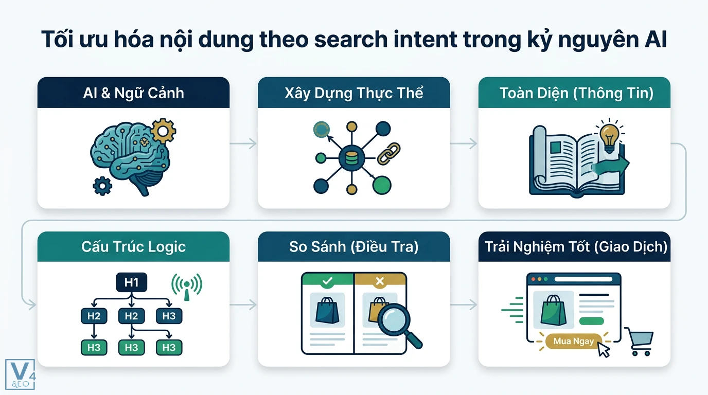 Search intent là gì? Cách tối ưu ý định tìm kiếm chuẩn AI 2026 2 Tối ưu hóa nội dung theo search intent trong kỷ nguyên AI qua xây dựng thực thể, cấu trúc logic, so sánh điều tra và trải nghiệm giao dịch