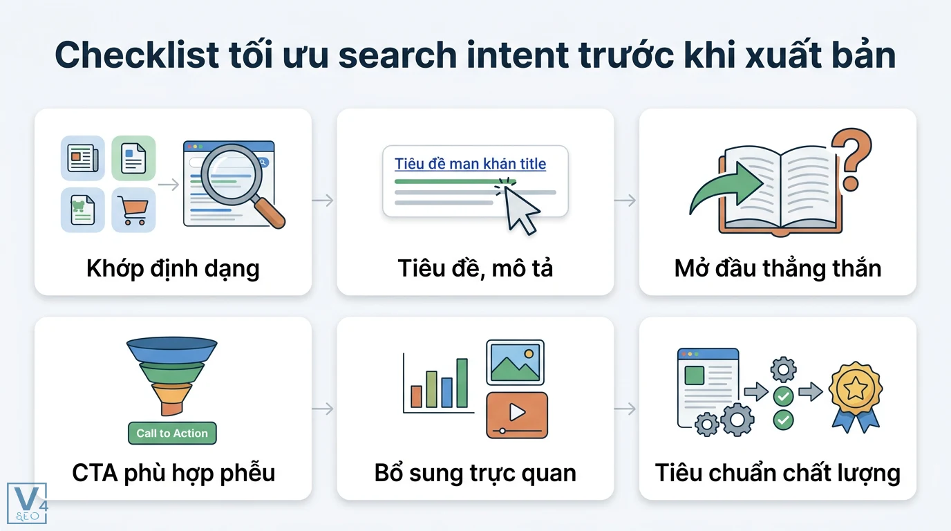 Search intent là gì? Cách tối ưu ý định tìm kiếm chuẩn AI 2026 3 Checklist tối ưu search intent trước khi xuất bản: khớp định dạng, tiêu đề mô tả, mở đầu thẳng thắn, CTA, trực quan và tiêu chuẩn chất lượng