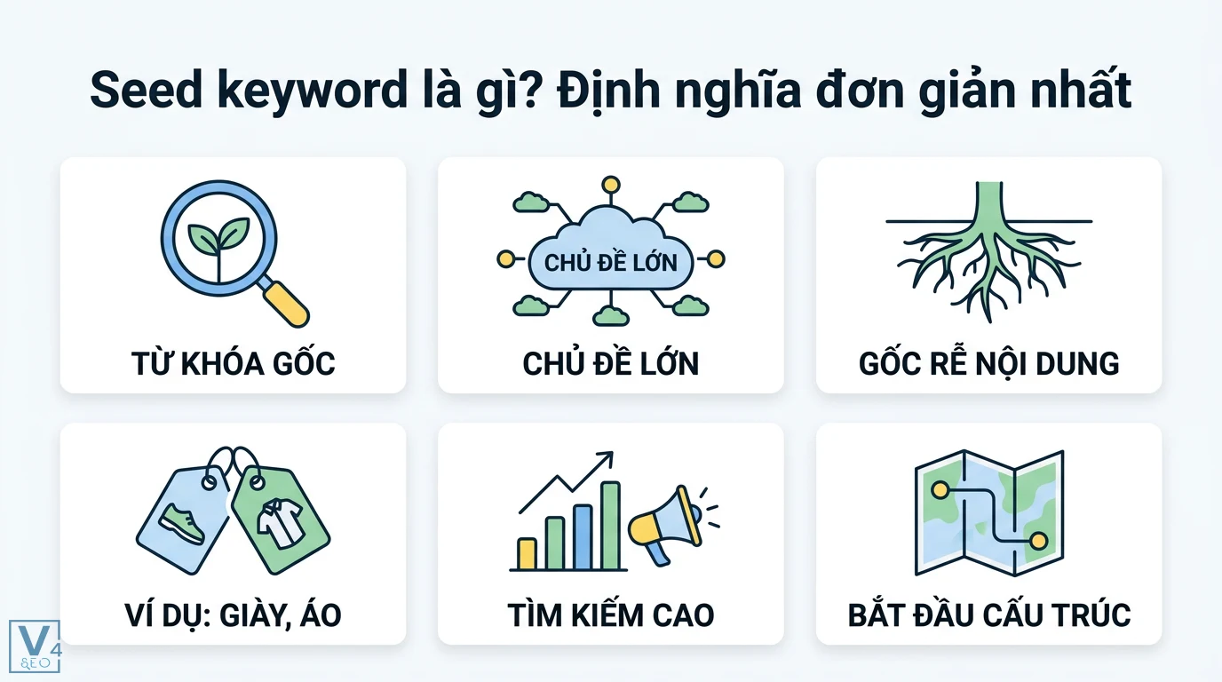 Seed keyword là gì? Cách tìm và ứng dụng xây dựng Topic Cluster 1 Seed keyword là từ khóa gốc đại diện chủ đề lớn và gốc rễ nội dung có lượng tìm kiếm cao giúp định hình cấu trúc website qua ví dụ giày áo