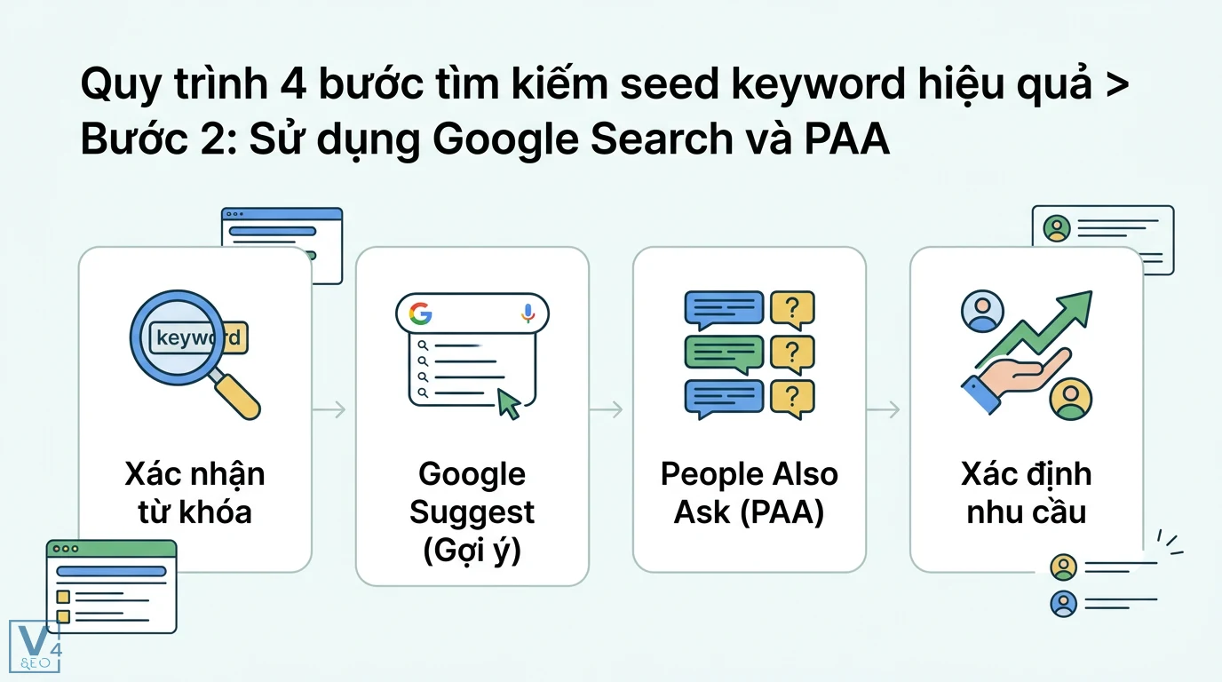 Seed keyword là gì? Cách tìm và ứng dụng xây dựng Topic Cluster 2 Xác nhận từ khóa qua Google Suggest và PAA để tìm kiếm các biến thể phổ biến đồng thời xác định nhu cầu tìm kiếm thực tế của người dùng
