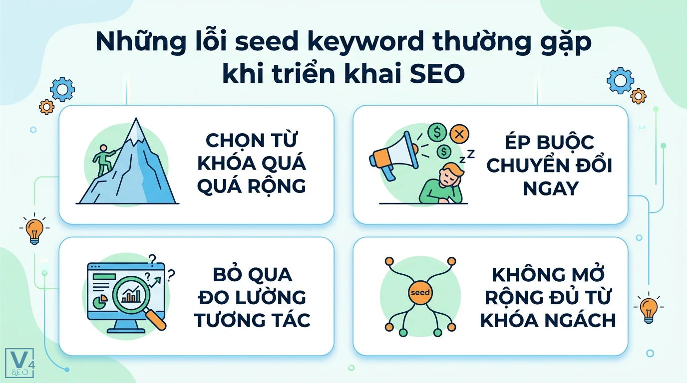 Seed keyword là gì? Cách tìm và ứng dụng xây dựng Topic Cluster 3 Lỗi seed keyword thường gặp gồm chọn từ khóa quá rộng, ép buộc chuyển đổi ngay, bỏ qua đo lường tương tác và thiếu hệ thống từ khóa ngách