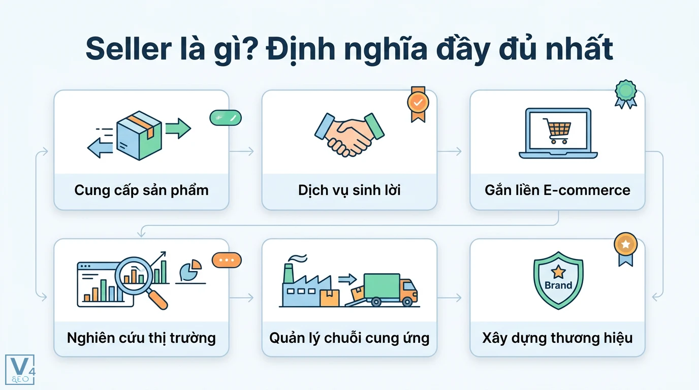 Seller là gì? Lộ trình trở thành Best Seller Marketplace 2026 1 Seller cung cấp sản phẩm dịch vụ sinh lời trên E-commerce qua nghiên cứu thị trường, quản lý chuỗi cung ứng và xây dựng thương hiệu