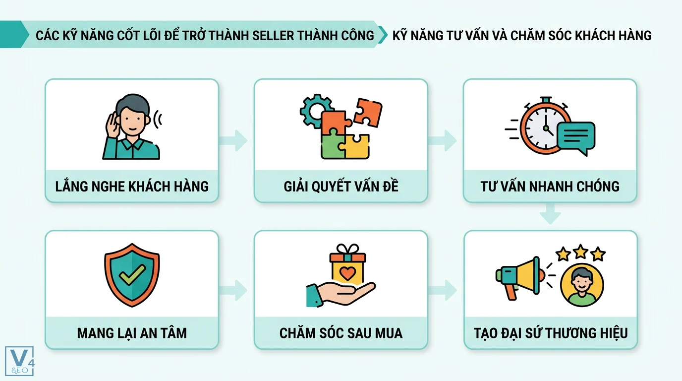 Seller là gì? Lộ trình trở thành Best Seller Marketplace 2026 2 Kỹ năng tư vấn và chăm sóc khách hàng: lắng nghe, giải quyết vấn đề, tư vấn nhanh, mang lại an tâm, chăm sóc sau mua, tạo đại sứ thương hiệu