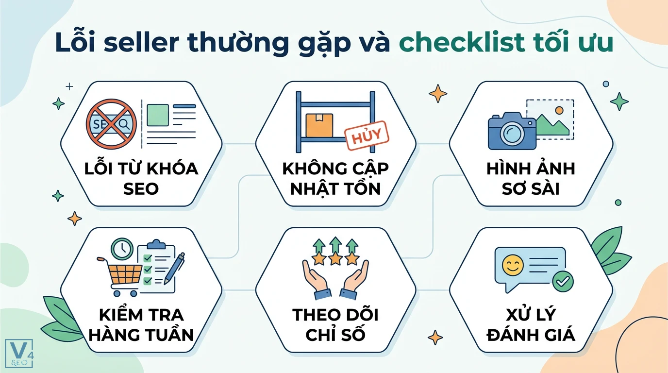 Seller là gì? Lộ trình trở thành Best Seller Marketplace 2026 3 Lỗi seller thường gặp về SEO, tồn kho, ảnh sản phẩm và checklist tối ưu qua theo dõi chỉ số, xử lý đánh giá, kiểm tra vận hành hàng tuần