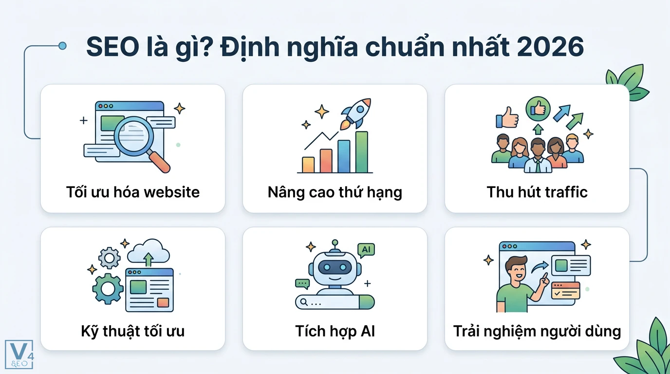 SEO là gì? Hướng dẫn tối ưu website lên Top Google mới nhất 2026 1 SEO chuẩn 2026 gồm tối ưu hóa website, nâng cao thứ hạng, thu hút traffic, kỹ thuật tối ưu, tích hợp AI và trải nghiệm người dùng