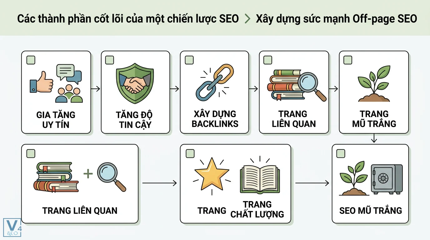 SEO là gì? Hướng dẫn tối ưu website lên Top Google mới nhất 2026 2 Quy trình xây dựng Off-page SEO gia tăng uy tín, tin cậy bằng backlinks từ các trang liên quan, chất lượng và áp dụng kỹ thuật SEO mũ trắng