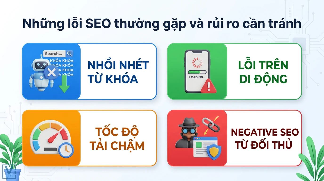 SEO là gì? Hướng dẫn tối ưu website lên Top Google mới nhất 2026 3 Những lỗi SEO thường gặp gồm nhồi nhét từ khóa, lỗi trên di động, tốc độ tải trang chậm và rủi ro negative SEO từ đối thủ cạnh tranh
