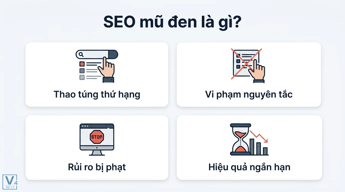 SEO mũ đen là gì? Nhận diện thủ thuật nguy hiểm và cách phục hồi 1 SEO mũ đen tập trung thao túng thứ hạng, vi phạm nguyên tắc tìm kiếm, tiềm ẩn rủi ro bị phạt và chỉ duy trì hiệu quả ngắn hạn