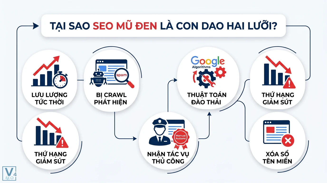 SEO mũ đen là gì? Nhận diện thủ thuật nguy hiểm và cách phục hồi 2 Hệ lụy SEO mũ đen từ lưu lượng tức thời đến khi bị Google crawl phát hiện, thuật toán đào thải, nhận tác vụ thủ công và bị xóa sổ tên miền