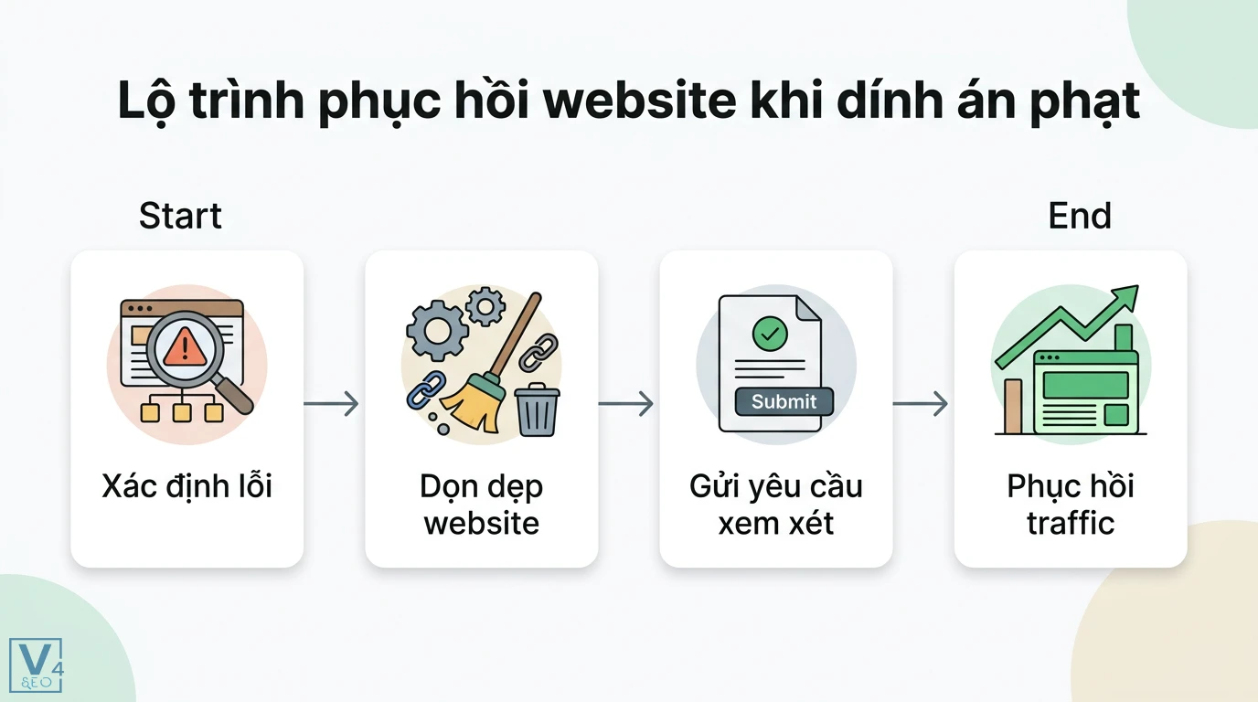 SEO mũ đen là gì? Nhận diện thủ thuật nguy hiểm và cách phục hồi 3 Lộ trình phục hồi website khi dính án phạt từ Google gồm các bước xác định lỗi, dọn dẹp website, gửi yêu cầu xem xét và phục hồi traffic