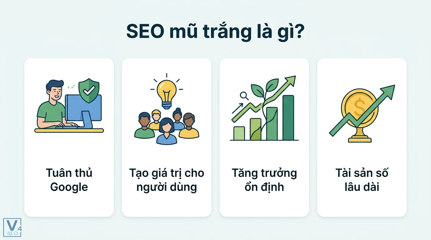 SEO mũ trắng là gì? Lộ trình SEO bền vững theo chuẩn Google 2026 1 SEO mũ trắng thể hiện qua việc tuân thủ Google, tạo giá trị cho người dùng, hướng đến tăng trưởng ổn định và xây dựng tài sản số lâu dài