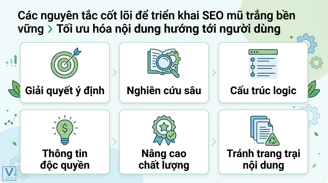 SEO mũ trắng là gì? Lộ trình SEO bền vững theo chuẩn Google 2026 2 Tối ưu nội dung SEO mũ trắng qua giải quyết ý định, nghiên cứu sâu, cấu trúc logic, thông tin độc quyền và tránh trang trại nội dung