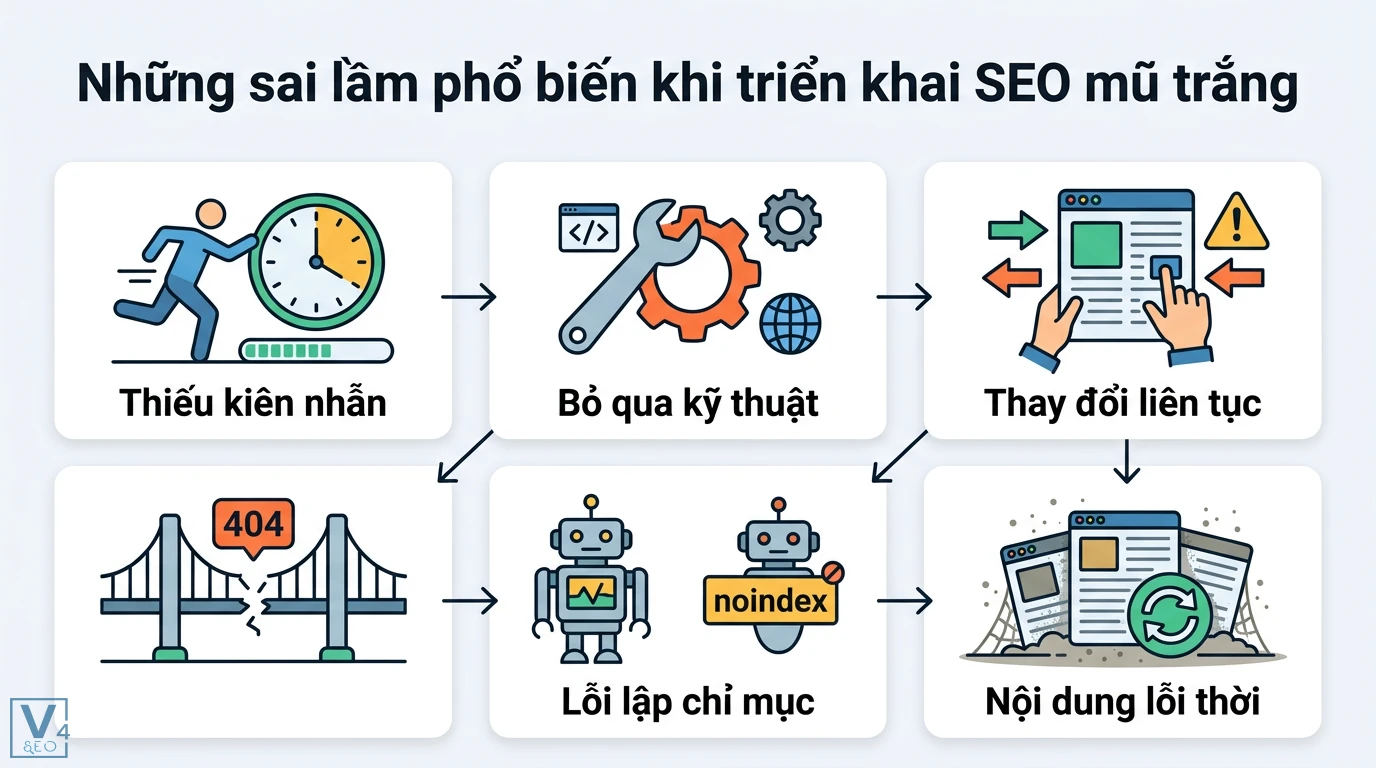 SEO mũ trắng là gì? Lộ trình SEO bền vững theo chuẩn Google 2026 3 Sai lầm phổ biến khi SEO mũ trắng gồm thiếu kiên nhẫn, bỏ qua kỹ thuật, thay đổi liên tục, lỗi lập chỉ mục noindex và nội dung cũ lỗi thời