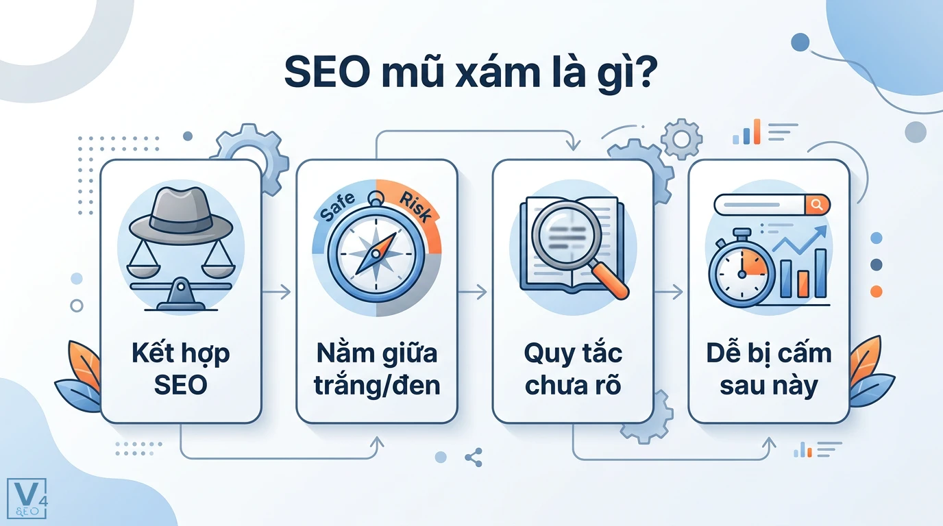 SEO mũ xám là gì? Ranh giới rủi ro và chiến thuật hiệu quả nhất 1 SEO mũ xám kết hợp kỹ thuật tối ưu an toàn và lách luật, nằm giữa ranh giới trắng đen với quy tắc chưa rõ ràng và dễ bị cấm sau này