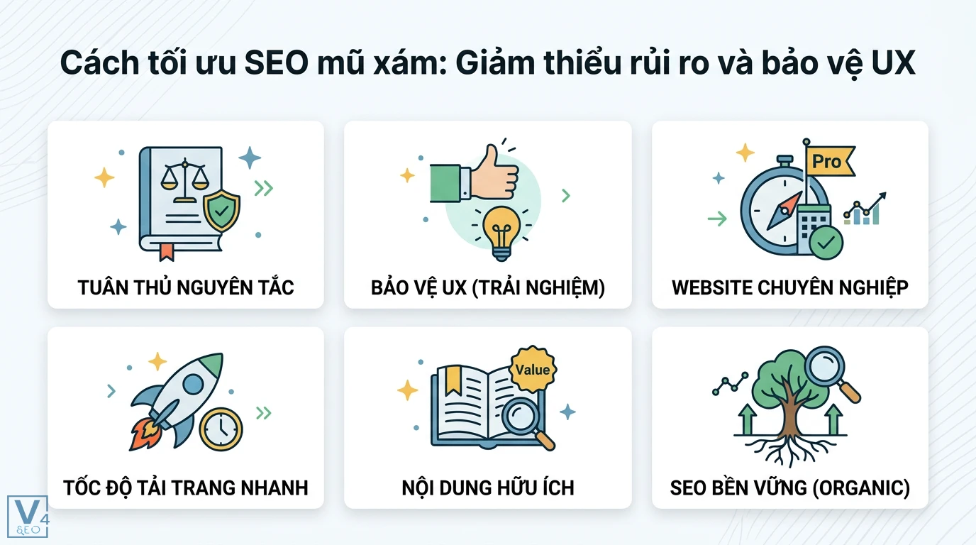 SEO mũ xám là gì? Ranh giới rủi ro và chiến thuật hiệu quả nhất 2 Cách tối ưu SEO mũ xám giảm thiểu rủi ro qua việc bảo vệ UX, website chuyên nghiệp, tốc độ tải nhanh và nội dung hữu ích cho SEO bền vững