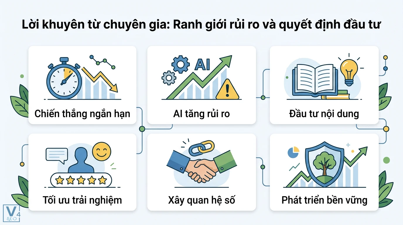 SEO mũ xám là gì? Ranh giới rủi ro và chiến thuật hiệu quả nhất 3 Ranh giới rủi ro khi dùng AI và chiến thắng ngắn hạn so với việc đầu tư nội dung, tối ưu trải nghiệm, xây quan hệ số để phát triển bền vững