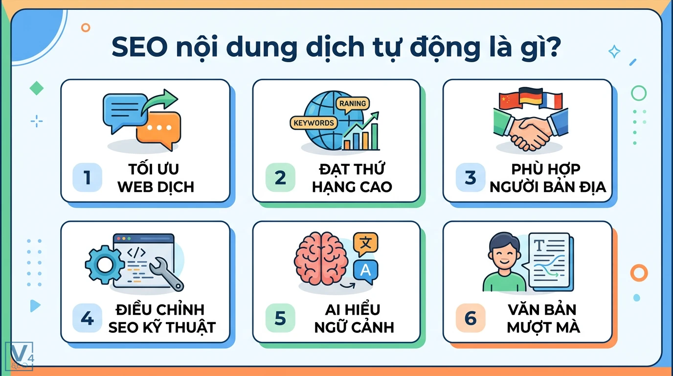 SEO nội dung dịch tự động là gì? Cách dùng AI an toàn cho website 1 SEO nội dung dịch tự động giúp tối ưu trang web dịch đạt thứ hạng cao phù hợp người bản địa nhờ điều chỉnh kỹ thuật và AI hiểu ngữ cảnh