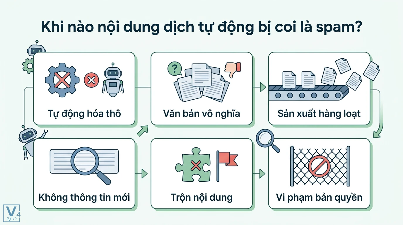 SEO nội dung dịch tự động là gì? Cách dùng AI an toàn cho website 2 Nội dung dịch tự động bị coi là spam khi tự động hóa thô, văn bản vô nghĩa, sản xuất hàng loạt, trộn nội dung và vi phạm bản quyền