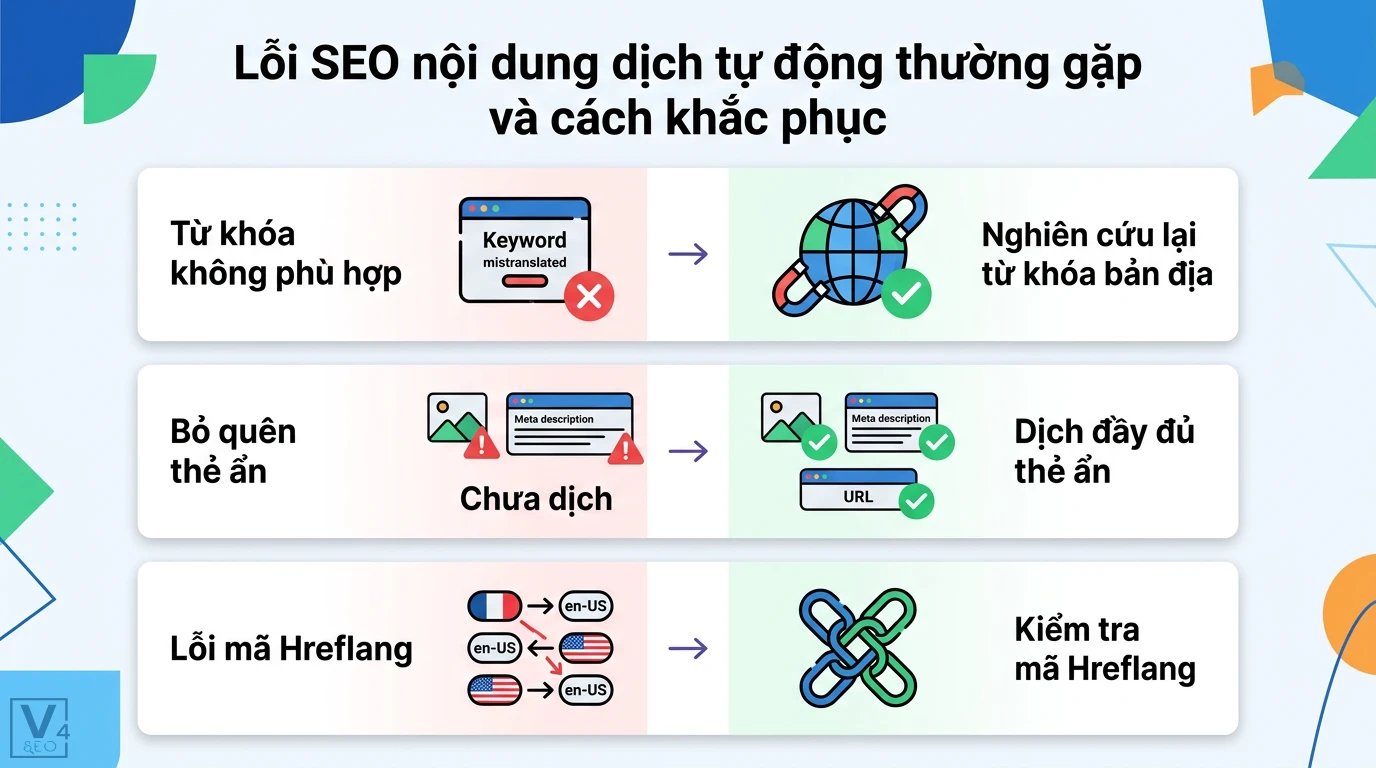 SEO nội dung dịch tự động là gì? Cách dùng AI an toàn cho website 3 Khắc phục lỗi SEO dịch tự động bằng cách nghiên cứu lại từ khóa bản địa, dịch đầy đủ thẻ ẩn, URL và kiểm tra chính xác mã Hreflang