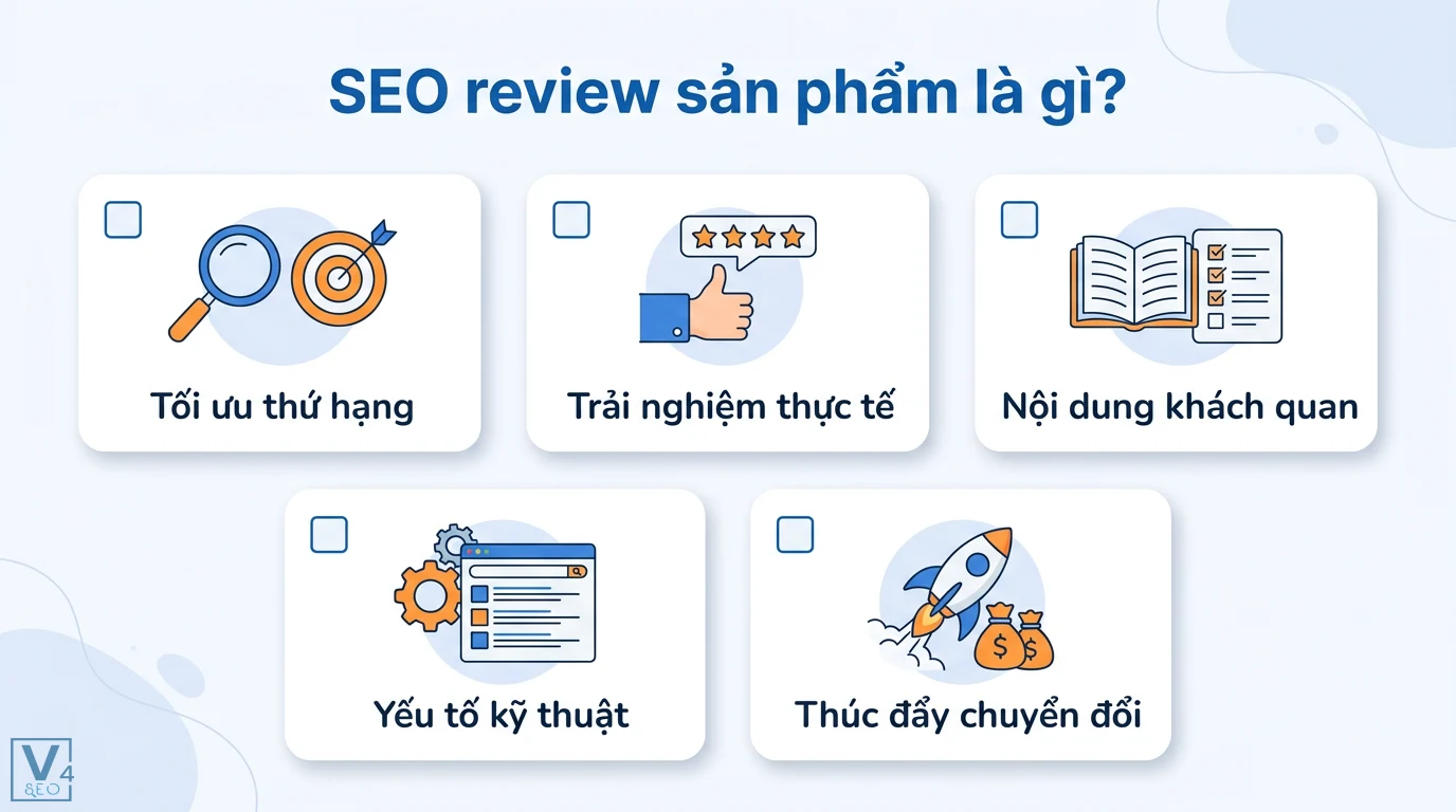 SEO review sản phẩm là gì? Cách viết chuẩn E-E-A-T và Schema 1 SEO review sản phẩm tối ưu thứ hạng qua trải nghiệm thực tế, nội dung khách quan, yếu tố kỹ thuật và thúc đẩy chuyển đổi hiệu quả