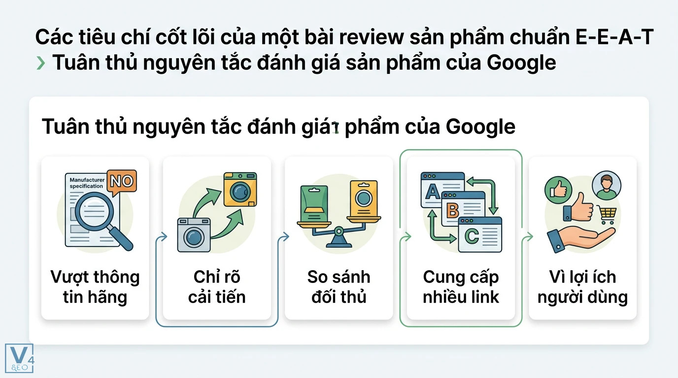 SEO review sản phẩm là gì? Cách viết chuẩn E-E-A-T và Schema 2 Nguyên tắc đánh giá sản phẩm của Google gồm vượt thông tin hãng, chỉ rõ cải tiến, so sánh đối thủ và cung cấp đa dạng liên kết mua hàng