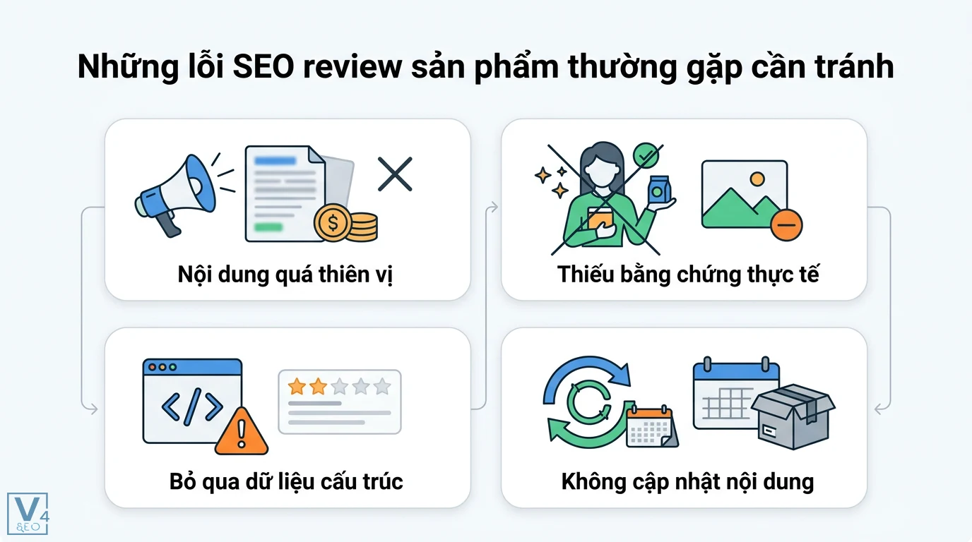 SEO review sản phẩm là gì? Cách viết chuẩn E-E-A-T và Schema 3 Lỗi SEO review sản phẩm thường gặp gồm nội dung quá thiên vị, thiếu bằng chứng thực tế, bỏ qua dữ liệu cấu trúc và không cập nhật nội dung
